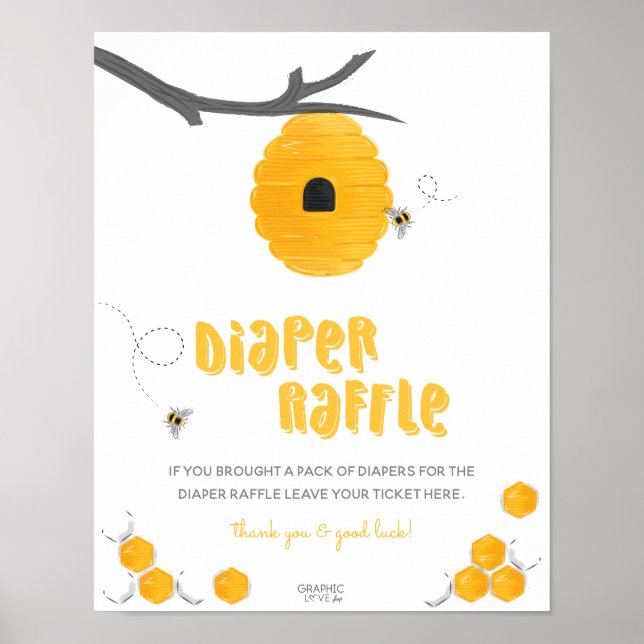 Poster Sinal de Rifas de Fraldas para Chás de Bebê Abelha (Frente)