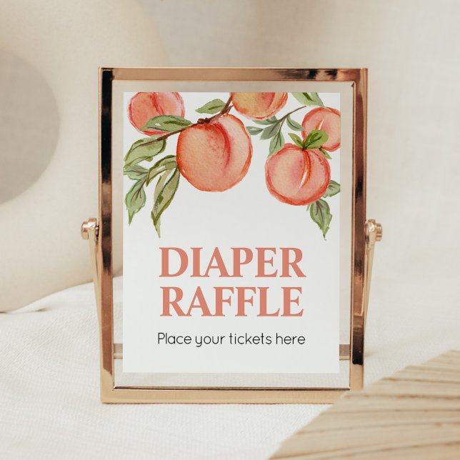 Poster Sinal de Rifas de Fraldas para Chás de Bebê com o  (Peach Summer Baby Shower Diaper Raffle Sign)