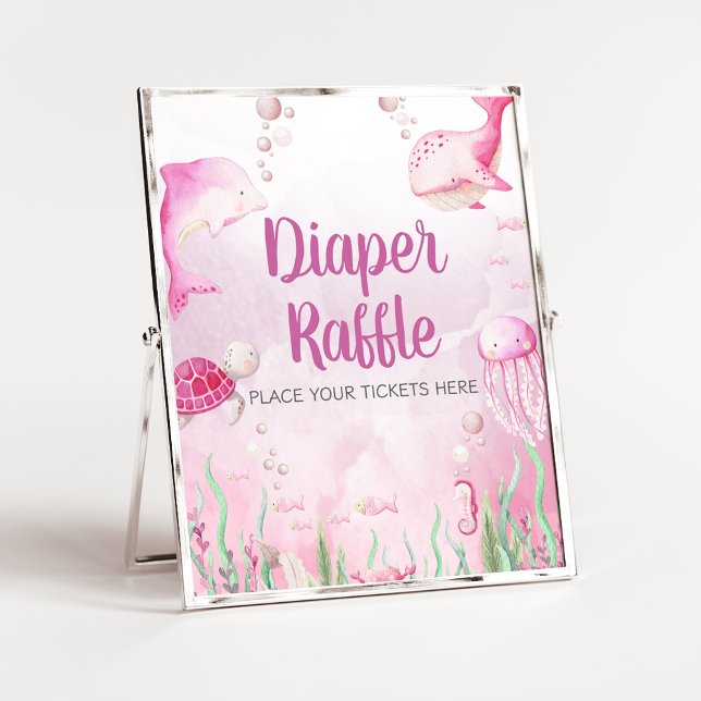 Poster Sinal de Rifas de Fraldas para Chás de Bebê Pink U (Under the Sea Baby Shower Sign)