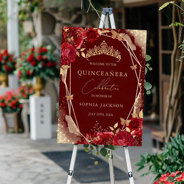 Poster Sinal de Rosa Floral Dourado Vermelho Quinceanera (Criador carregado)