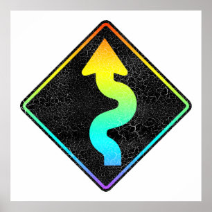 Pôster sinal de rua curvado da estrada adiante