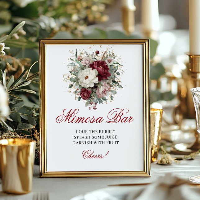 Poster Sinal de Rubor Burgundy de Barra Mimosa Boho Refin (Refined Boho Mimosa Bar Blush Burgundy Sign)