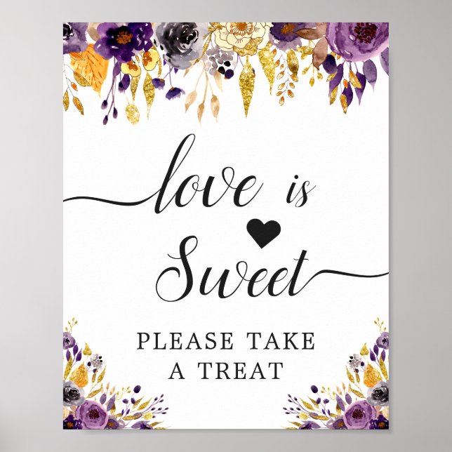 Poster Sinal de Sobremesa de Amor Floral Roxo é Doce (Frente)