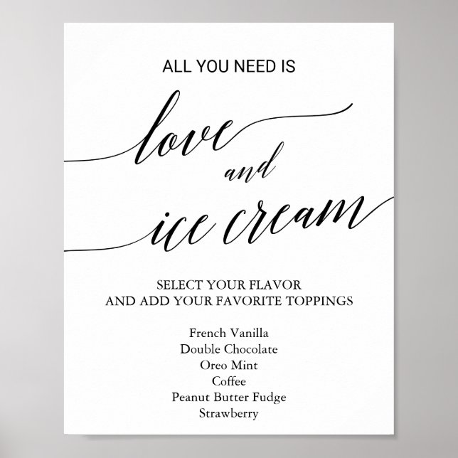 Poster Sinal de Sorvete de Casamento com Caligrafia Preta (Frente)