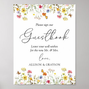 Poster Sinal de Tabletop de Casamento de Guestbook Wildfl