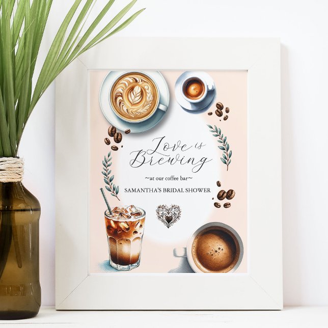Poster Sinal de Tabletop do Chá de panela do Café (Love is Brewing coffee bar bridal shower sign art and design Victoria Grigaliunas)