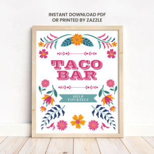 Poster Sinal de Taco Bar de Fiesta Mexicana Amarela Rosa