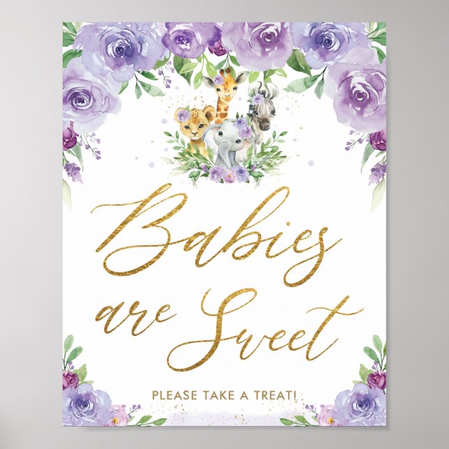 Poster Sinal de Tratamento Floral Púrpura Safari Animais  (Frente)