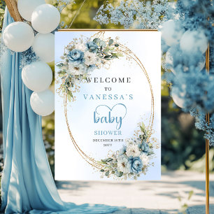 Poster Sinal de Varanda para Chá de Bebê Flores Azul Poei