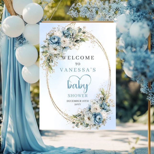 Poster Sinal de Varanda para Chá de Bebê Flores Azul Poei (Baby Shower Porch Sign Dusty Blue Flowers Gold Watercolor)