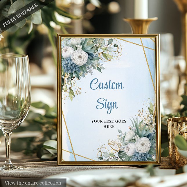 Poster Sinal Digital Personalizado Clássico em Azul Poeir (Classic Dusty Blue Greenery Custom Wedding Sign)