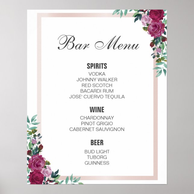 Poster sinal do MENU do bar | Borgundy floral | bar de ca (Frente)