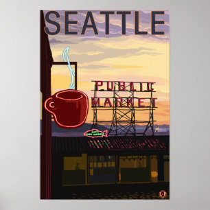 Pôster Sinal do mercado do lugar de SeattlePike e opiniã