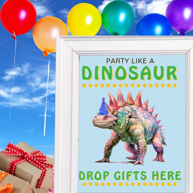 Poster Sinal do Partido Dinossauro: Largar Presentes Aqui (Dinosaur Party Sign: Drop Gifts Here Poster)