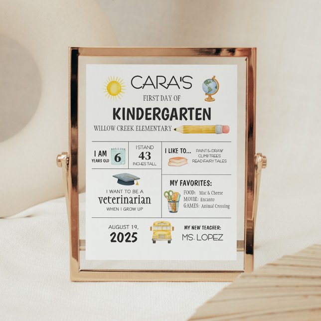 Poster Sinal do Primeiro Dia da Escola no Jardim Infantil (First Day of School Kindergarten Sign)