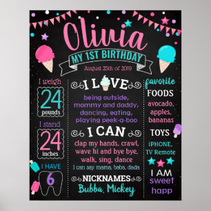 Poster Sinal do quadro do aniversário do sorvete primeir