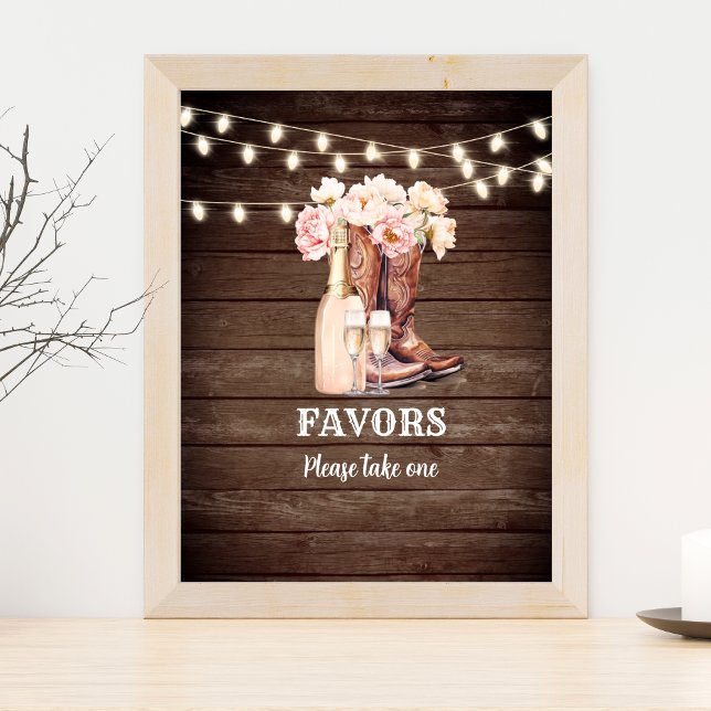 Poster Sinal FAVORS Cowgirl inicializa Chá de panela de c (Rustic western boots and bubbly favors sign)