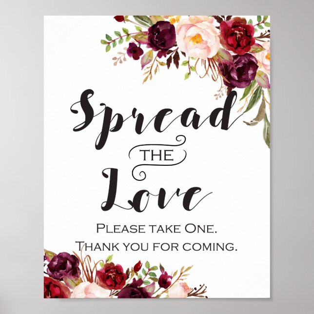 Poster Sinal Floral Boho Borgonha - Espalhe o Amor (Frente)