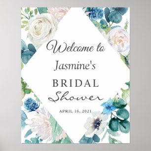 Poster Sinal floral branco azul do chá de panela do verd