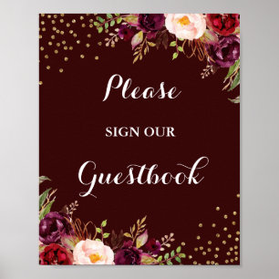 Pôster Sinal floral Dourado do casamento do Guestbook de