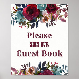 Poster Sinal floral vermelho do casamento do livro de