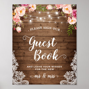 Pôster Sinal Guestbook Luzes de Corda Floral Russa Lace