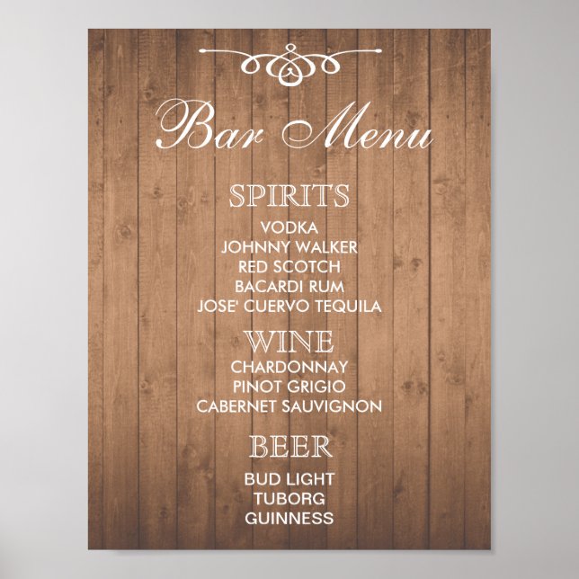Pôster Sinal MENU do bar para o casamento e a recepção da (Frente)