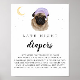 Poster Sinal Noite Fralda Pug Watercolor