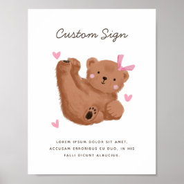 Poster Sinal Personalizado de Chá de fraldas Rosa Urso-Co