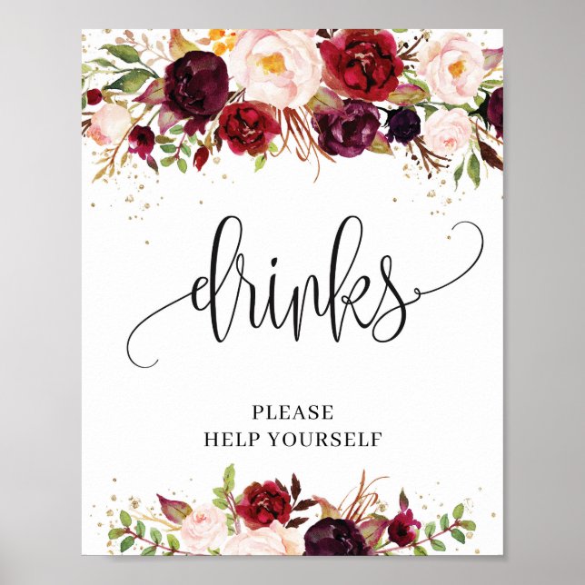 Poster Sinal russo de marsala burgundy para bebidas flora (Frente)