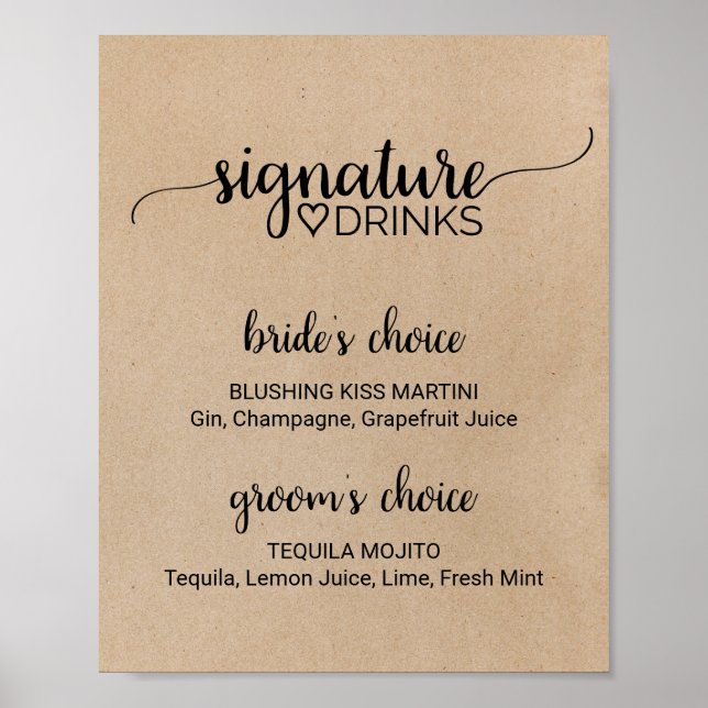 Poster Sinal Simples Faux Kraft Signature Drinks (Frente)