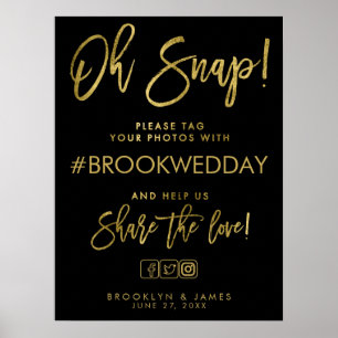 Pôster Sinal Wedding preto e Dourado de Hashtag
