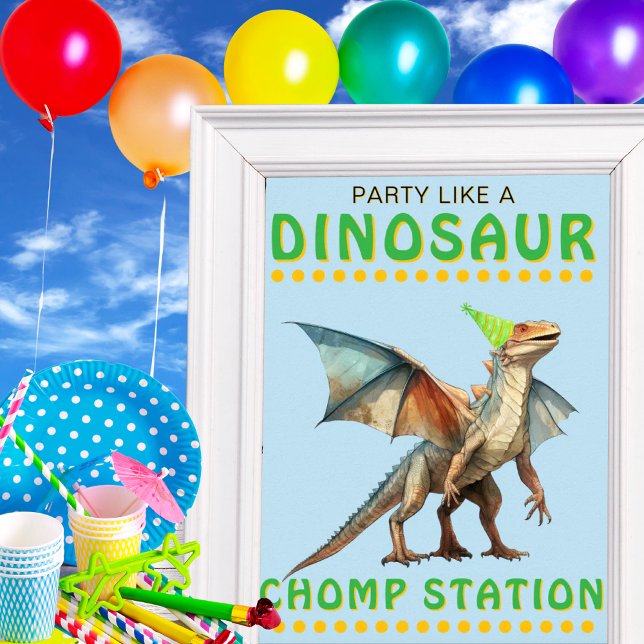 Poster Sinalizador de Decoração do Partido Dinossauro: Es (Dinosaur Party Decor Sign: Chomp Station)