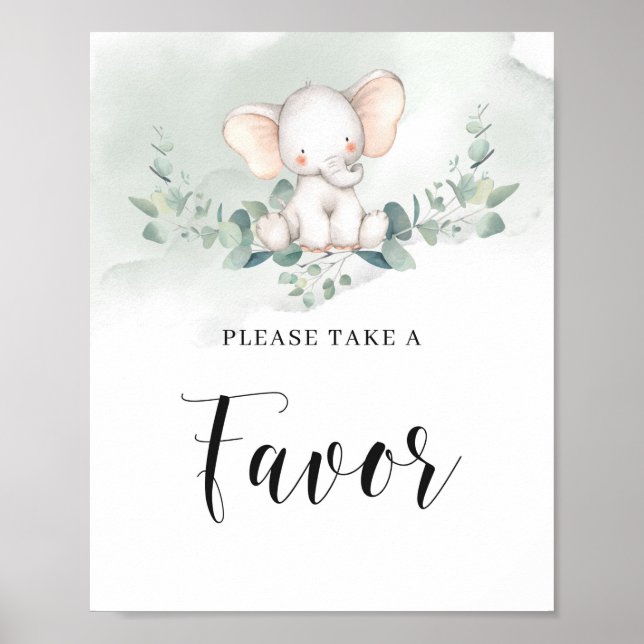 Poster Sinalizador de favor de elefante bebê verde eucali (Frente)