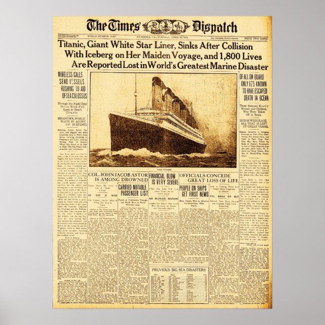 Poster Sinks Titânicos Após Colisão Com Iceberg 1912 (Frente)