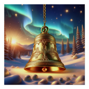 Pôster Sino de Natal Dourado Cena de Inverno Nevado Brilh
