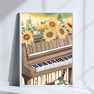 Poster Sintonize em Flor Piano Floral de Girassol Aquar