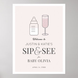 Poster Sip & Consulte Champagne Chá de fraldas rosa bem-v