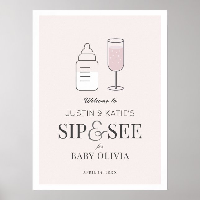Poster Sip & Consulte Champagne Chá de fraldas rosa bem-v (Frente)
