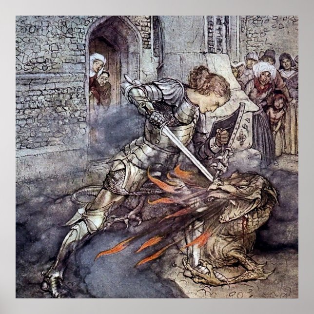 Poster "Sir Lancelot lança o dragão" por Arthur Rackham (Frente)