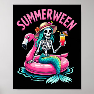 Poster Sirene do Verãoween Esqueleto Praia Flamingo Dia d
