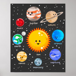 Poster Sistema solar kawaii ilustra sol e planetas