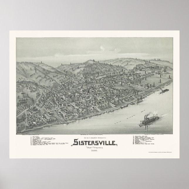 Pôster Sistersville, Mapa Panorâmico do WV - 1896 (Frente)