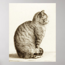 Poster Sitting cat vintage sepia pencil drawing