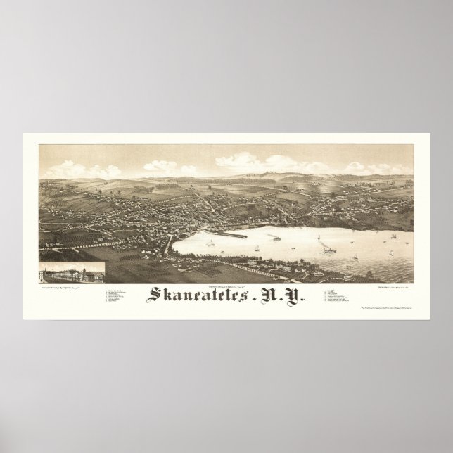 Pôster Skaneateles, Mapa Panorâmico NY - 1884 (Frente)