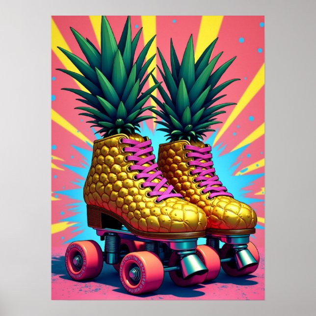 Poster Skate de Rolamentos de Abacaxi Retro Surreal Pop (Frente)