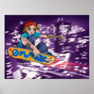 Pôster Skateboard Menino Acima de uma Cidade Futurística