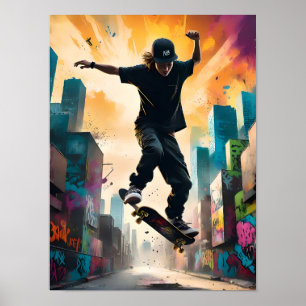 Poster Skateboarder em Voo - Truque dinâmico de Médio-ar