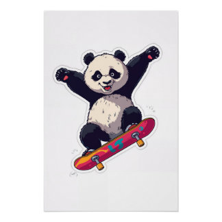 Pôster Skater Panda Poster – Skateboarding Panda Wall Art