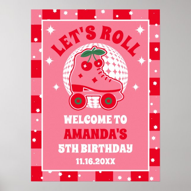 Poster Skates de cereja | Aniversário do Roller Retro (Frente)